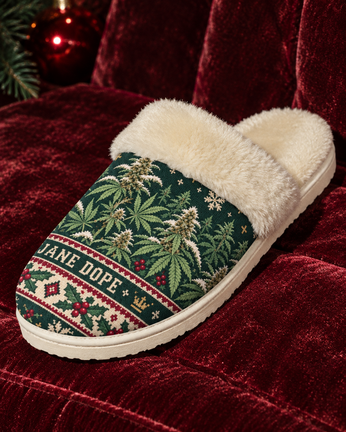 Close-up of Nugs & Mistletoe printed faux-suede slippers with cream faux-fur trim and cream sole