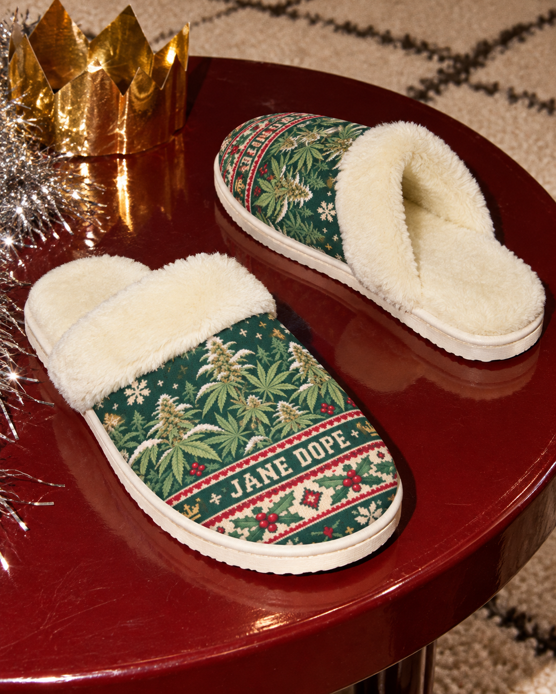 Nugs & Mistletoe slippers showing green botanical uppers, cream faux-fur trim and open backs on a red coffee table