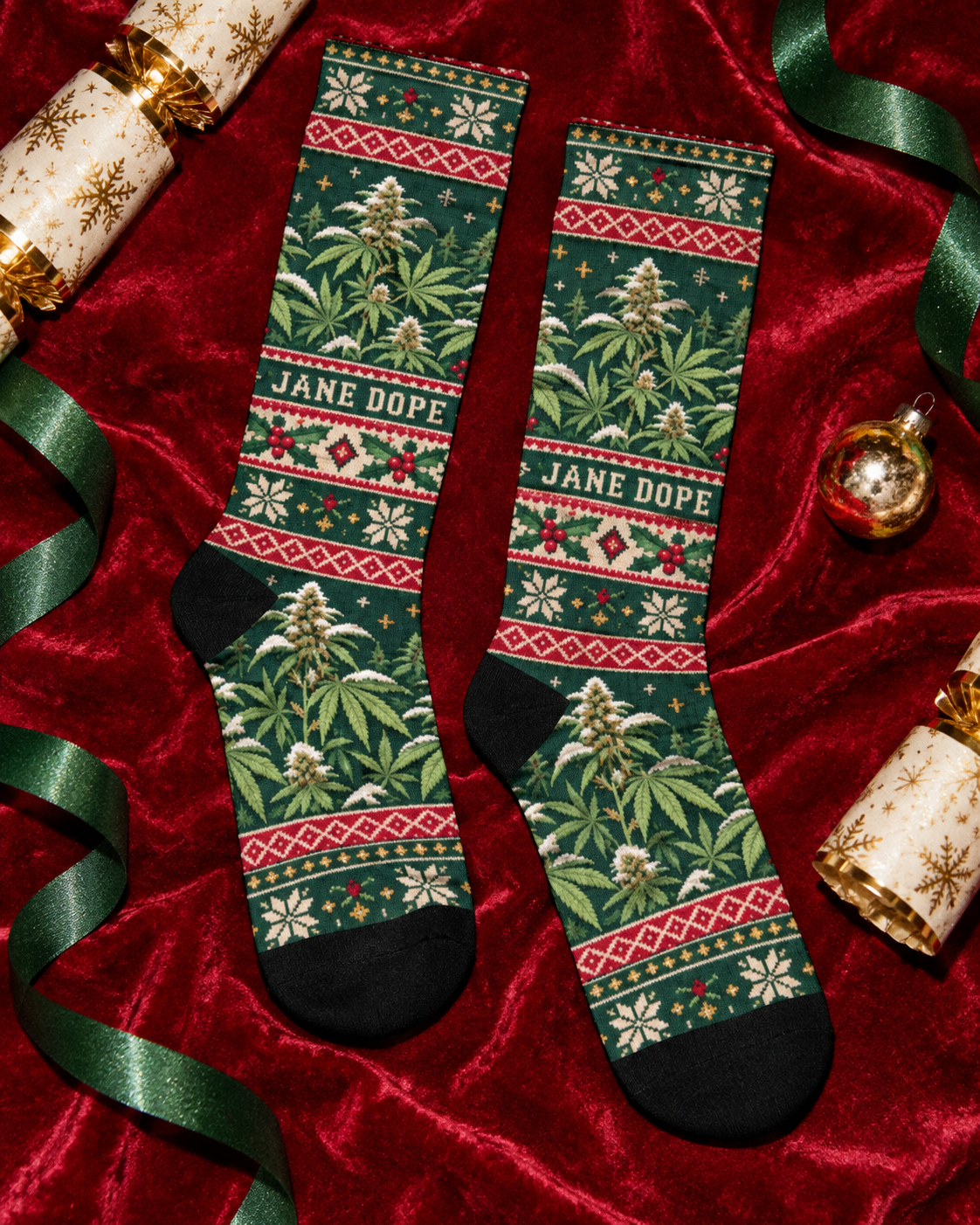 Nugs & Mistletoe crew socks laid flat on a red velvet surface with Christmas crackers, showing the green print and black toes.