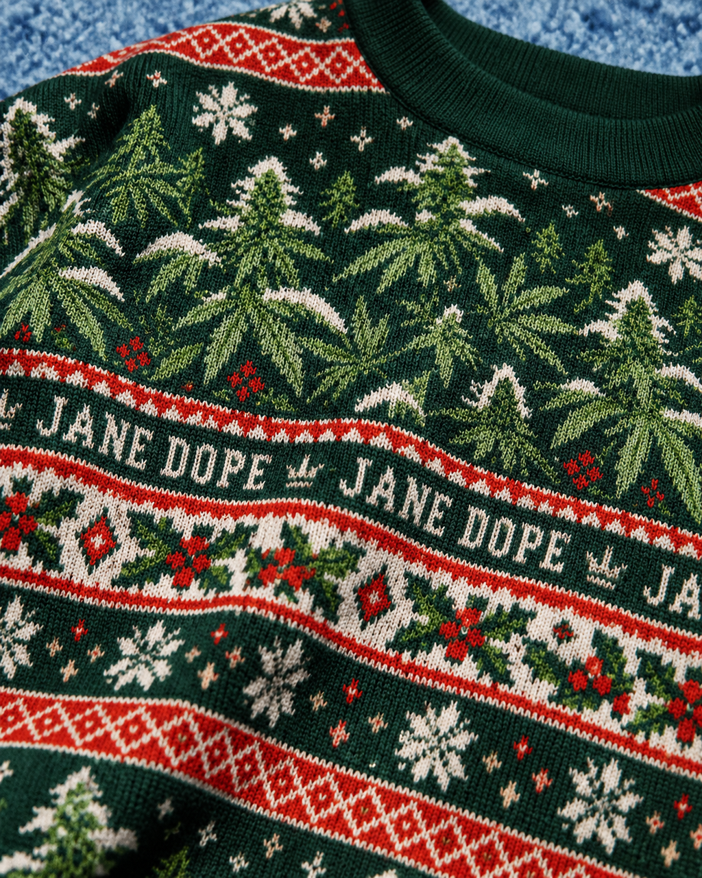 Nugs & Mistletoe Knit Sweater (unisex) jacquard close-up showing cream JANE DOPE lettering, leafy Herb motifs and snowflakes