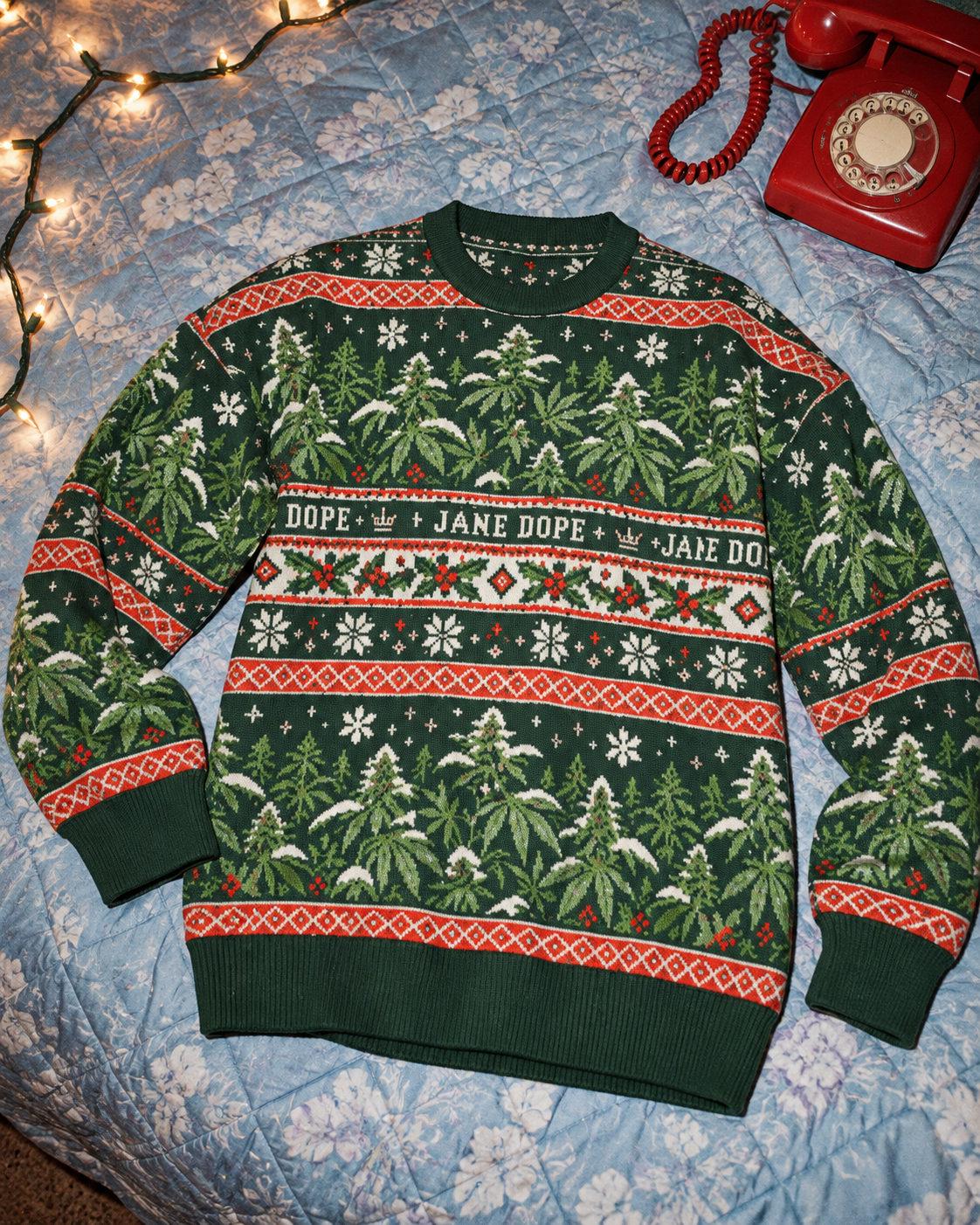 Nugs & Mistletoe Knit Sweater (unisex) full front view with green ribbed trim and JANE DOPE lettering