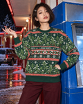 Nugs & Mistletoe Knit Sweater (unisex) 2XS variant fit illustration with a front view and oxblood trousers