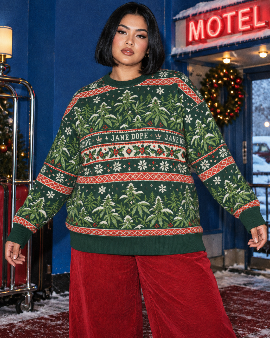 Nugs & Mistletoe Knit Sweater (unisex) 3XL variant fit illustration with a front view and cherry-red corduroy trousers