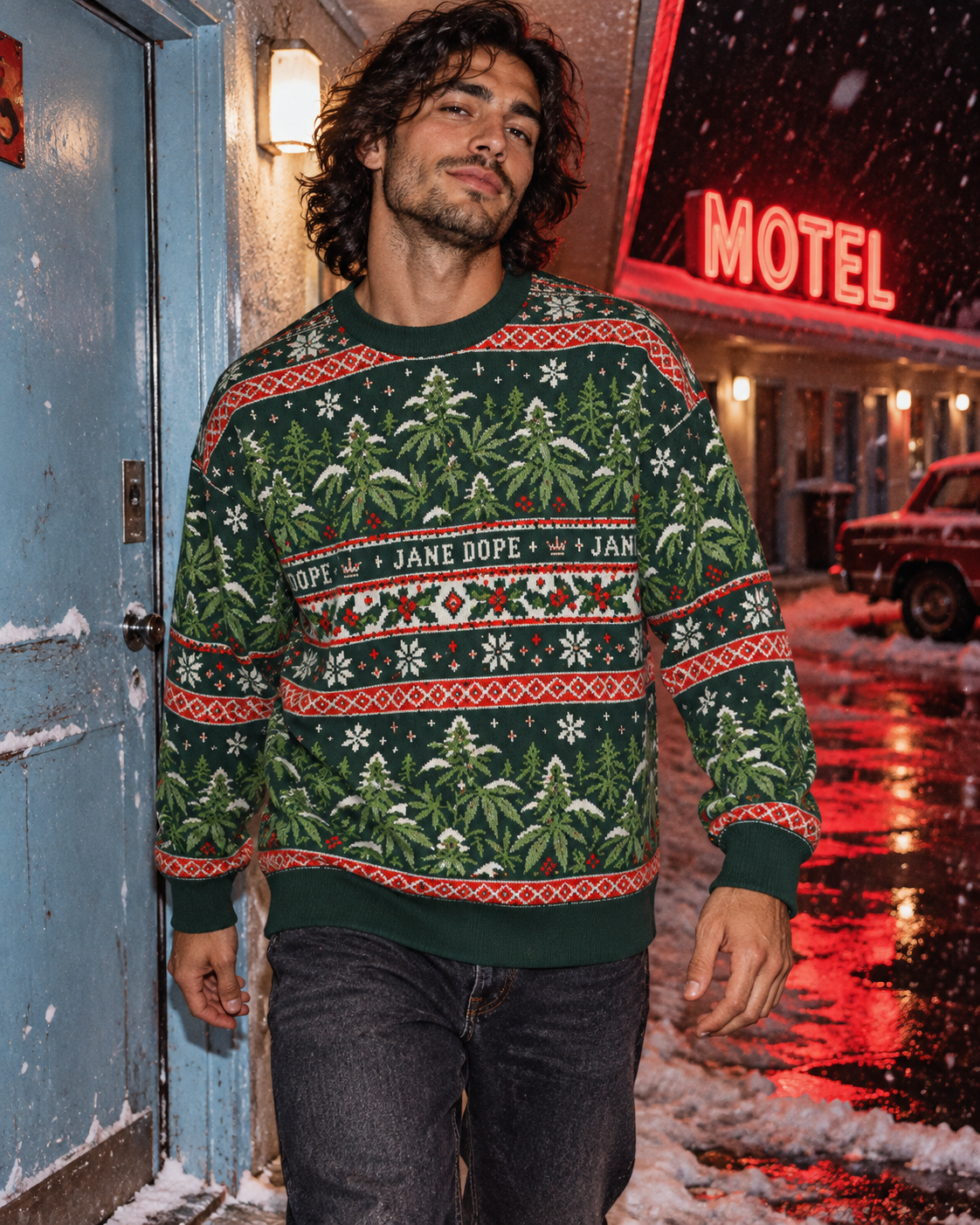 Nugs & Mistletoe Knit Sweater (unisex) L variant fit illustration on a male model with dark denim