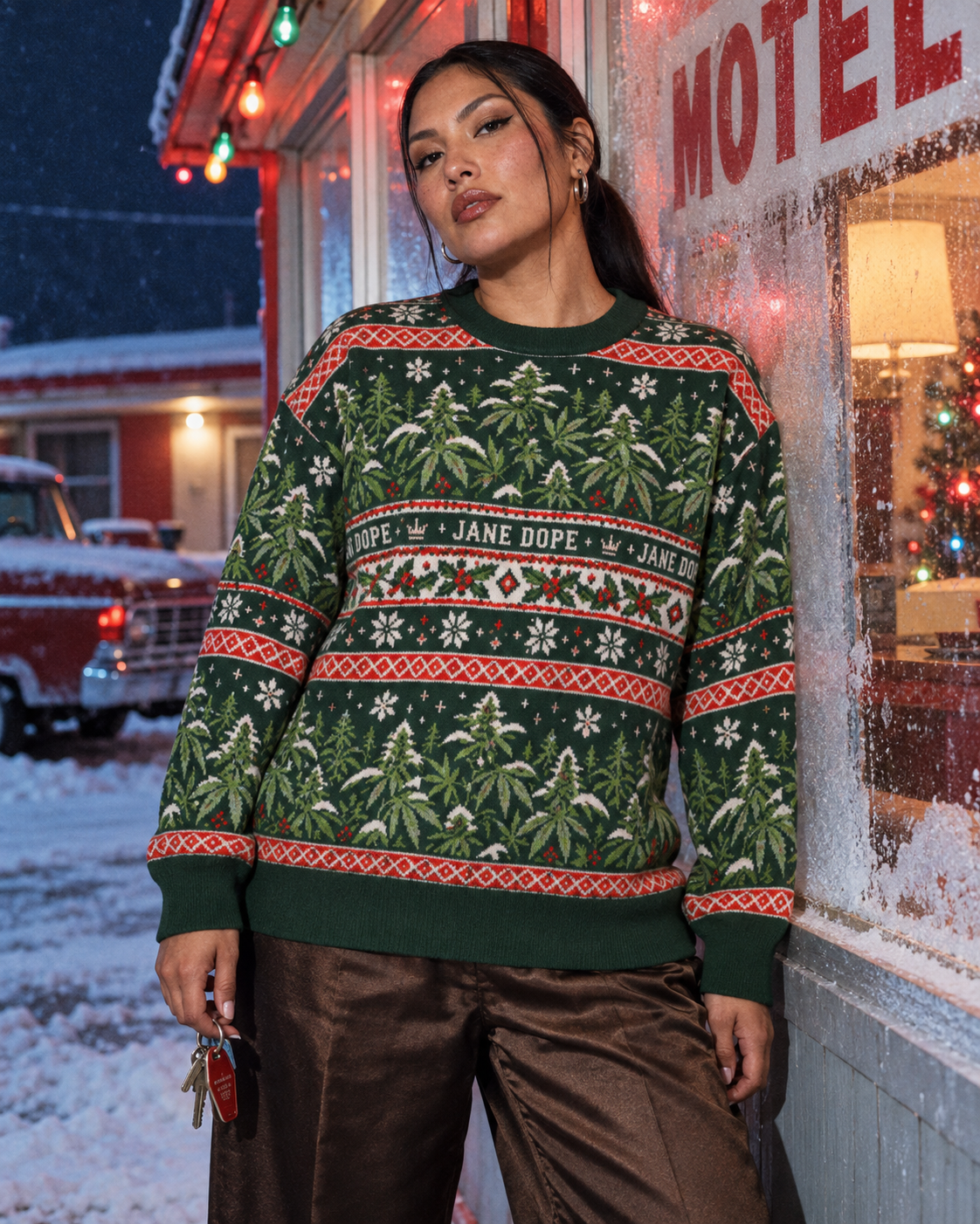 Nugs & Mistletoe Knit Sweater (unisex) M variant fit illustration with a front view and bronze trousers