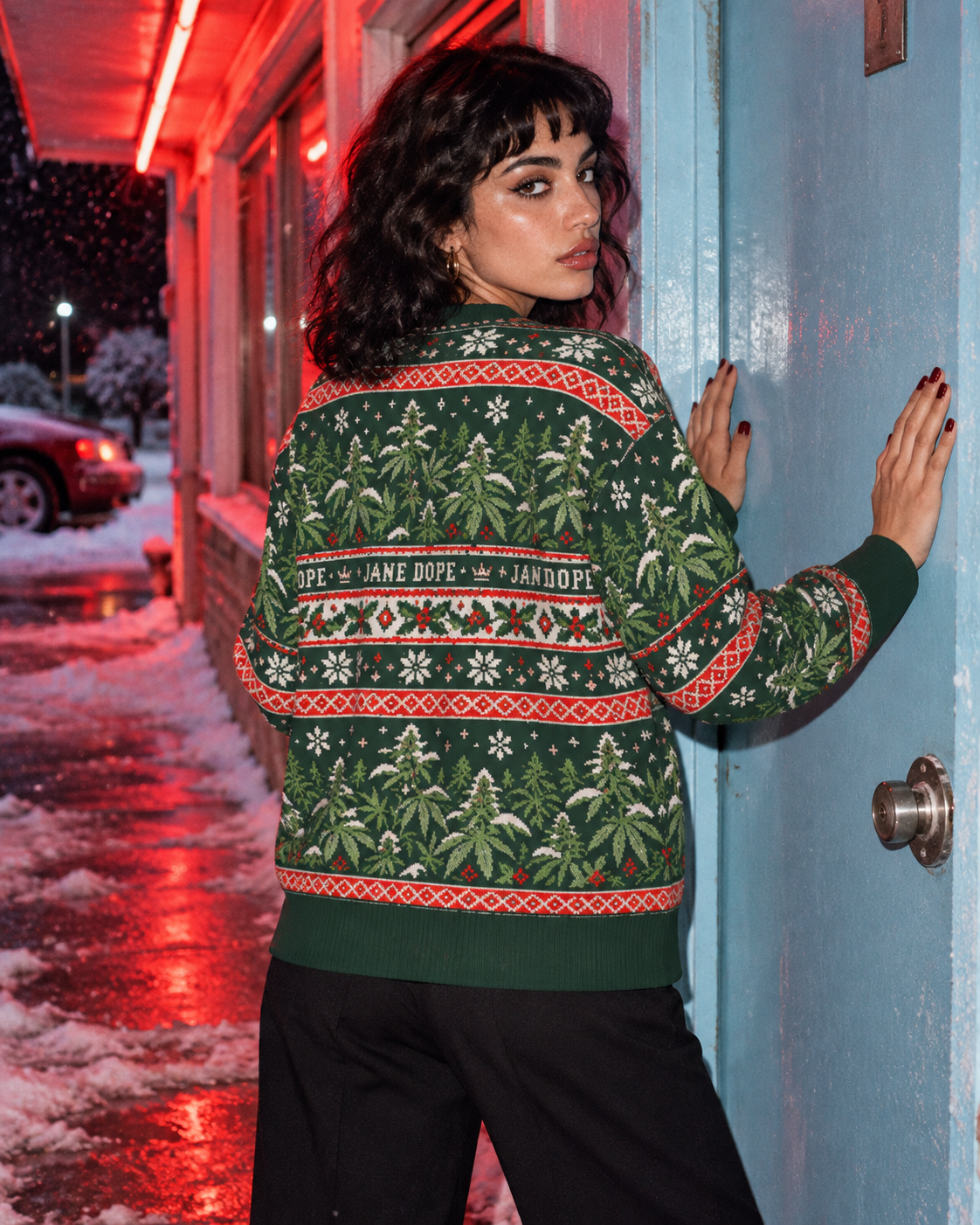 Nugs & Mistletoe Knit Sweater (unisex) S variant fit illustration showing the back pattern and green ribbed hem
