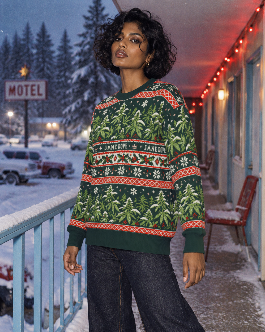 Nugs & Mistletoe Knit Sweater (unisex) XS variant fit illustration showing the relaxed silhouette and side view