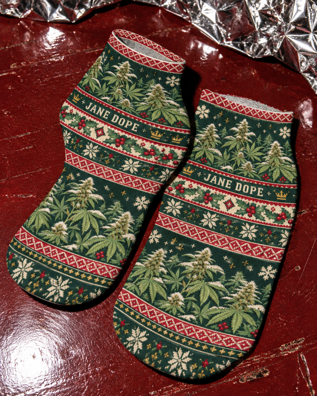 Green botanical ankle socks detail showing the low cuff, holiday print and Jane Dope lettering.