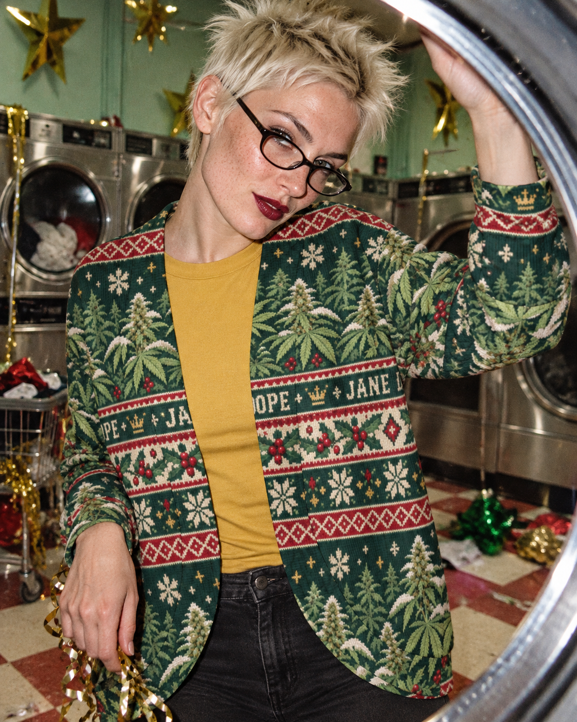 Close view of the Nugs & Mistletoe cardigan with a mustard top, framed by a chrome dryer door