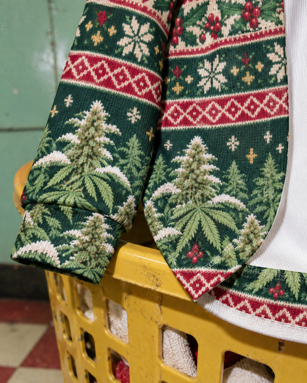 Close-up of the Nugs & Mistletoe cardigan cuff and curved hem, showing fine ribbed fabric and botanical print