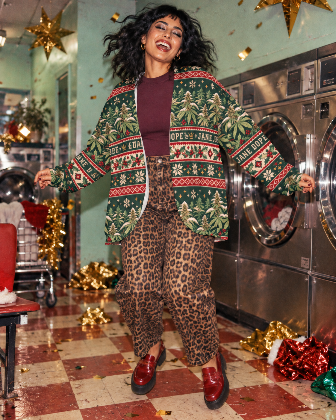 L variant: Nugs & Mistletoe cardigan with plum top and leopard trousers, captured mid-jump under gold confetti