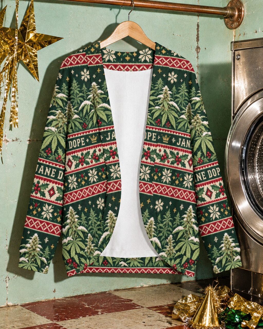 Full front of the Nugs & Mistletoe cardigan on a hanger, showing botanical rows at the shoulders and hem