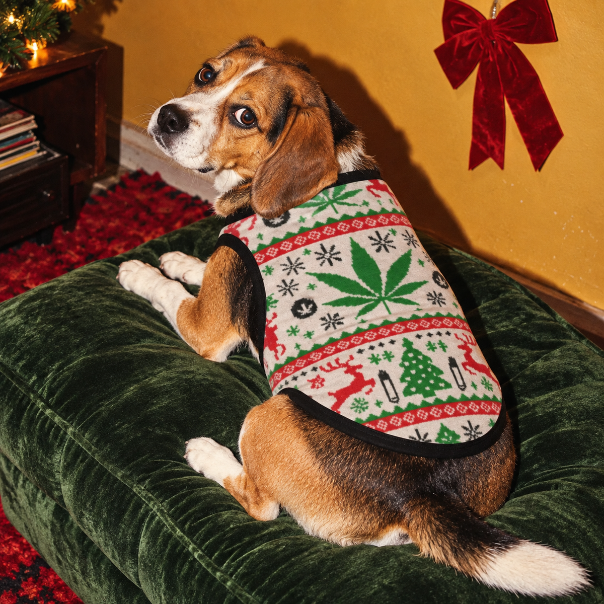 OG Holiday Dog Tank Top, size 2XL fit illustration showing the holiday print and sleeveless cut on a dog.