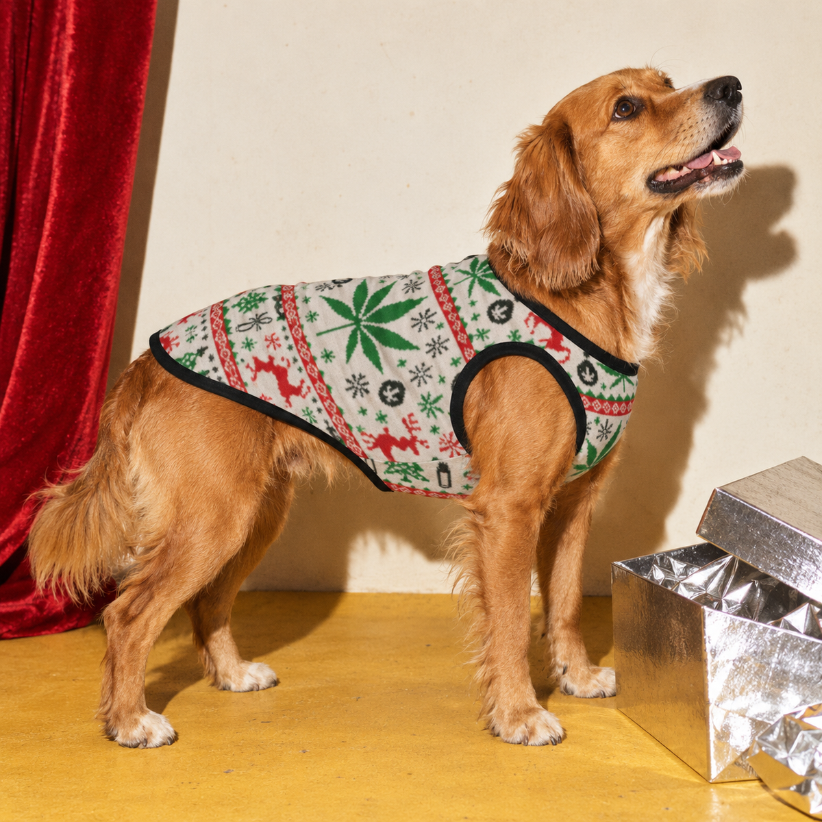 OG Holiday Dog Tank Top, size 3XL fit illustration showing the holiday print and sleeveless cut on a dog.