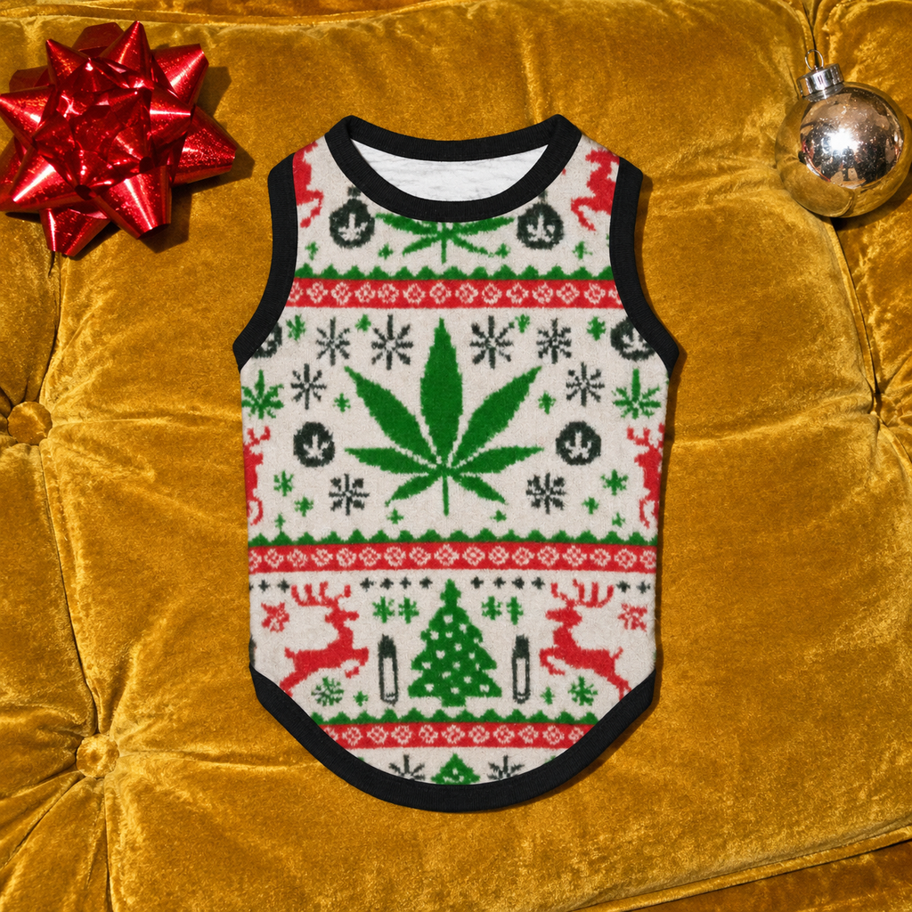 Back of the OG Holiday Dog Tank Top laid flat, showing the green Herb leaf, red reindeer and black binding.