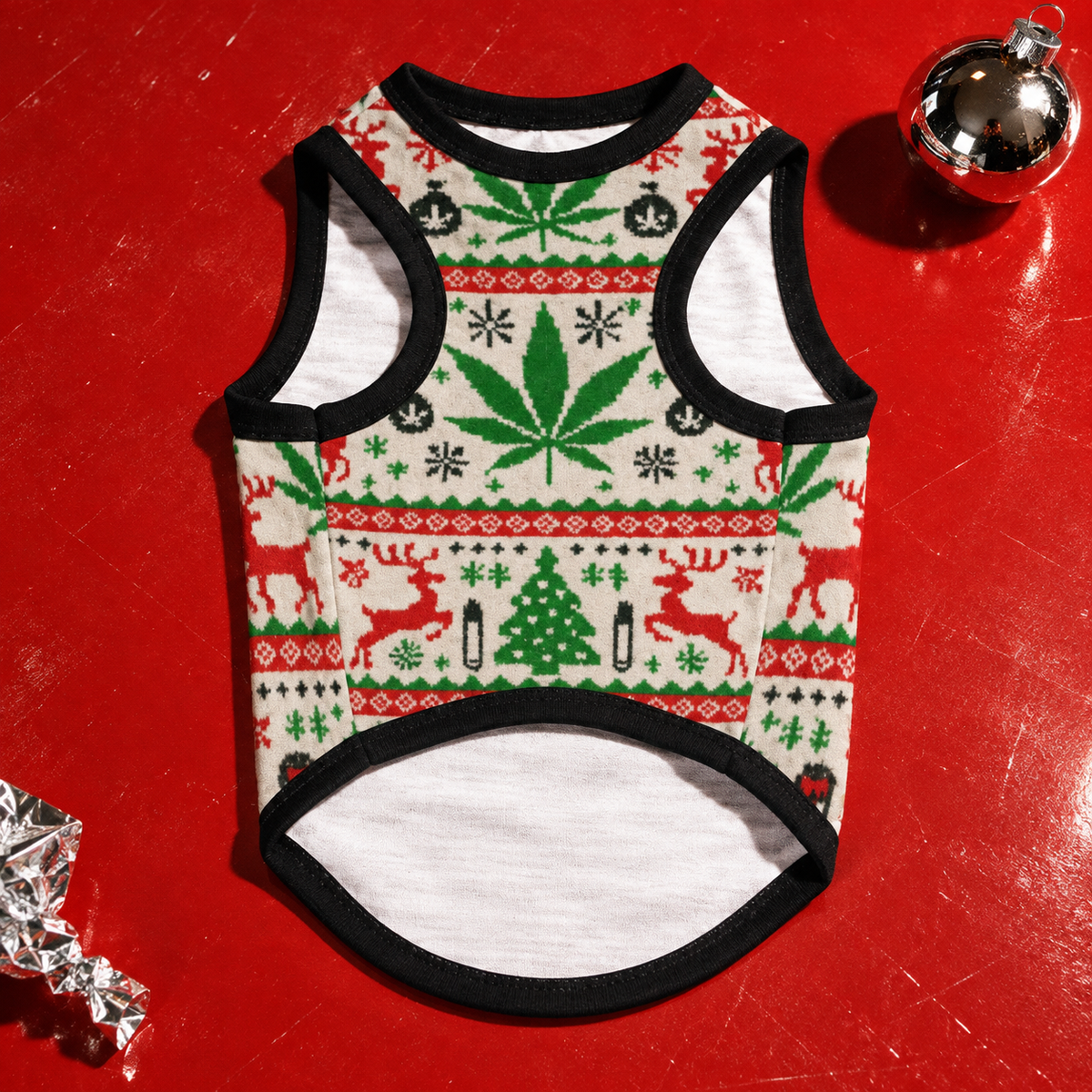 Belly side of the OG Holiday Dog Tank Top, showing the large front-leg openings, shorter belly panel and black-bound edges.