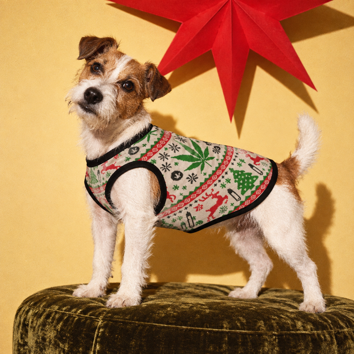OG Holiday Dog Tank Top, size L fit illustration showing the holiday print and sleeveless cut on a dog.