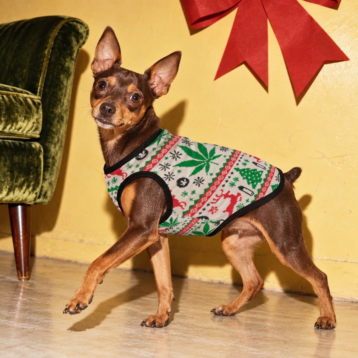 OG Holiday Dog Tank Top, size M fit illustration showing the holiday print and sleeveless cut on a dog.
