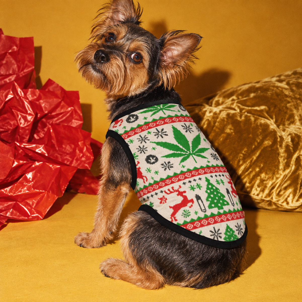 OG Holiday Dog Tank Top, size S fit illustration showing the holiday print and sleeveless cut on a dog.
