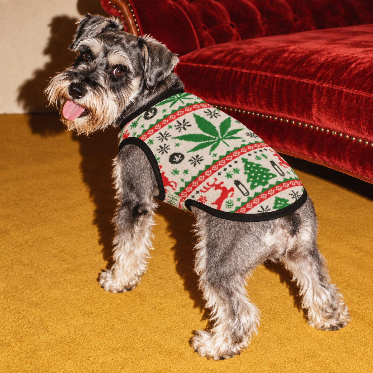 OG Holiday Dog Tank Top, size XL fit illustration showing the holiday print and sleeveless cut on a dog.