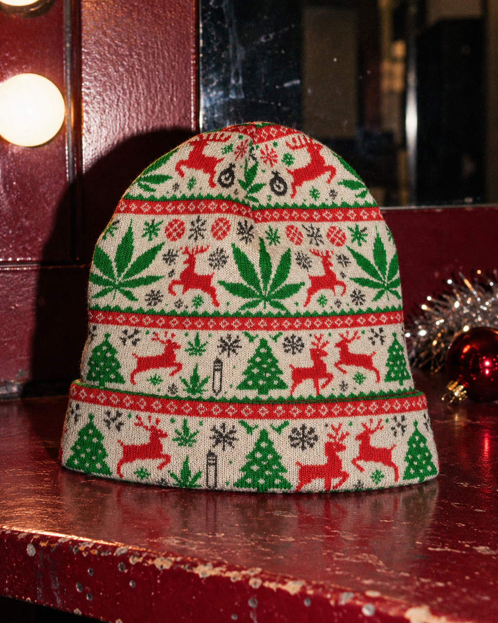 OG Xmas Beanie folded cuff and red, green and black holiday print on fine polyester knit