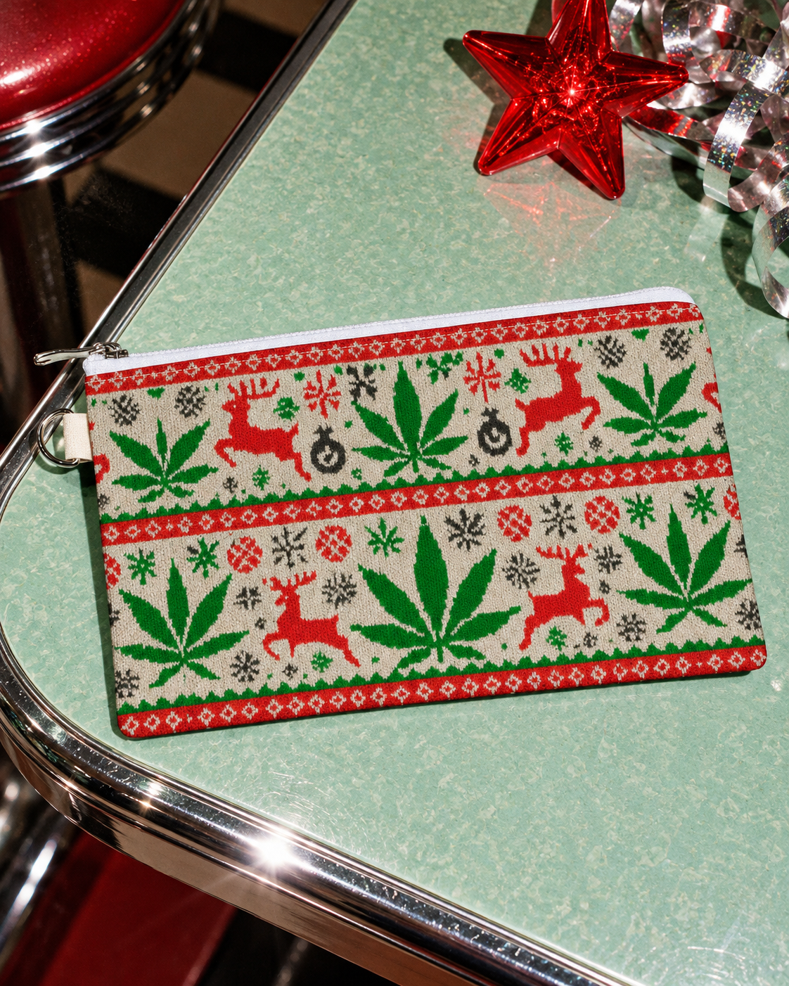 OG Xmas Stash Pouch at an angle, showing the canvas texture, white zipper and silver hardware