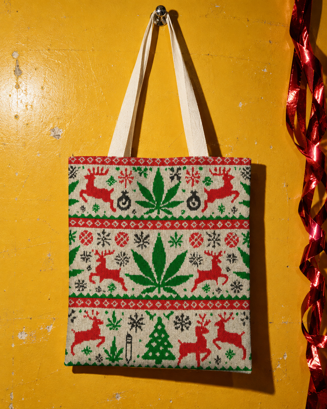 OG X-MAS Tote Bag front print and ivory shoulder straps on a yellow wall