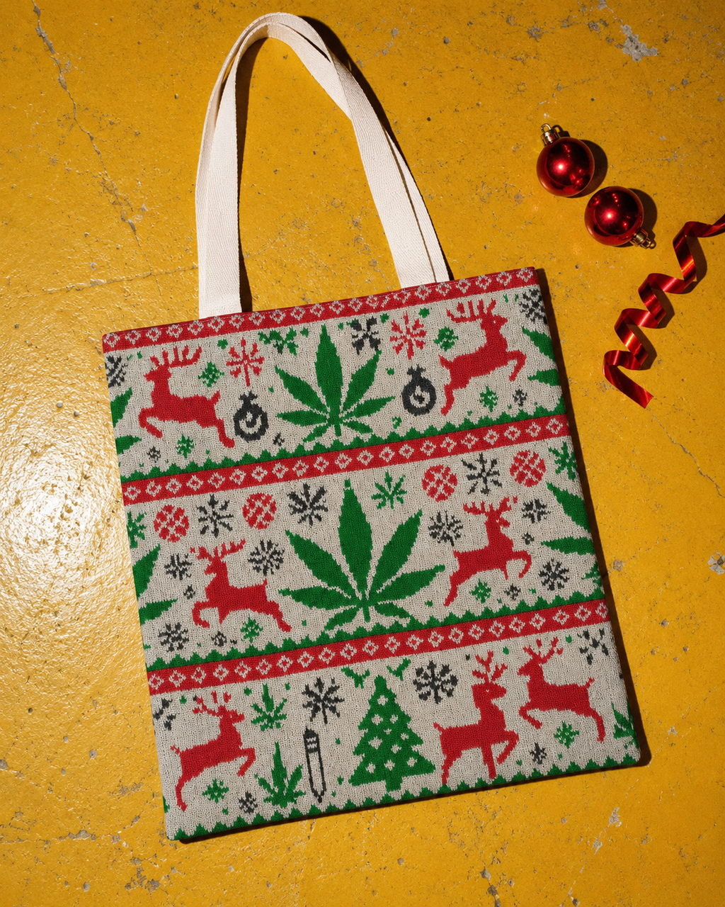OG X-MAS Tote Bag laid flat with ivory handles and holiday print visible