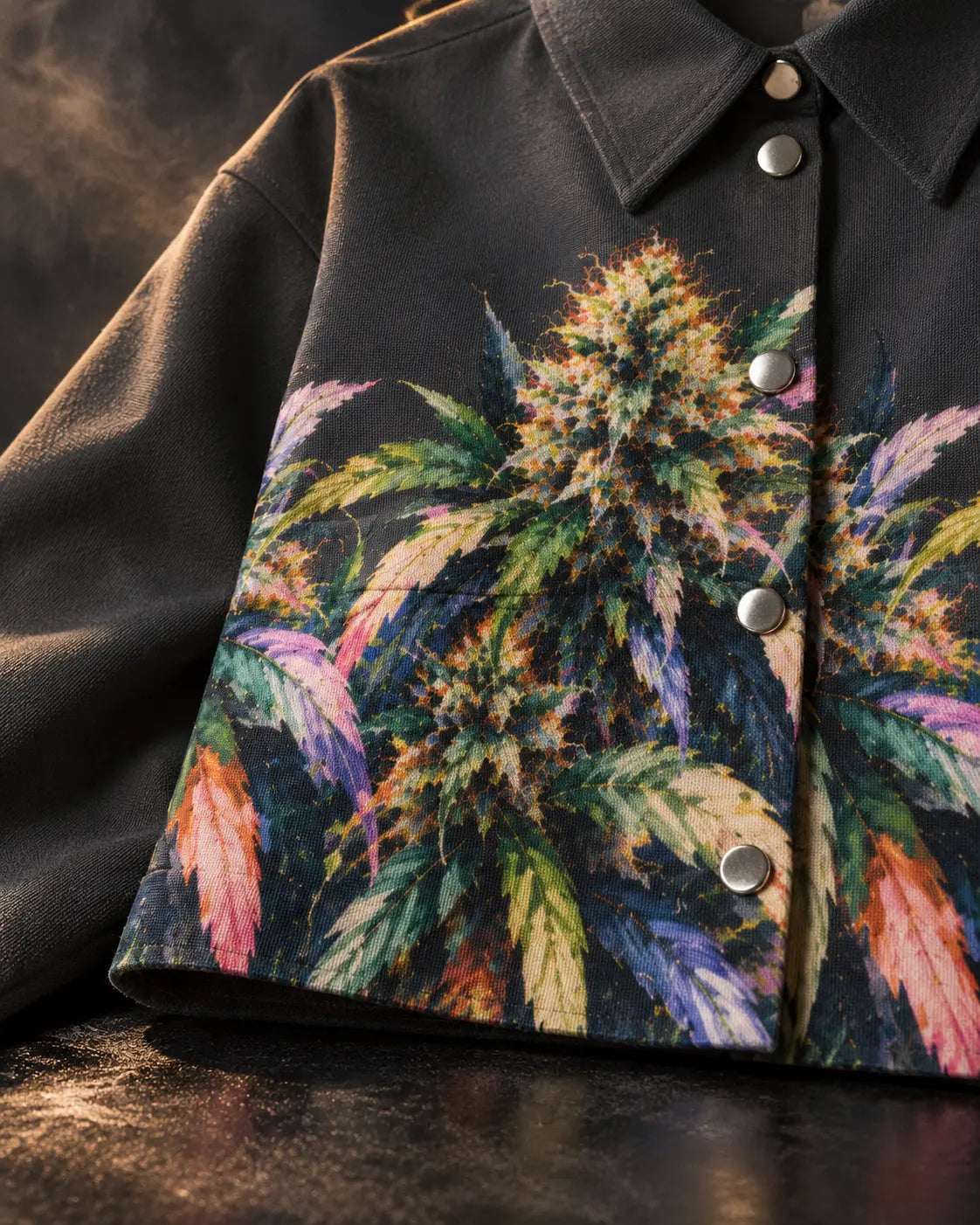 Jane Dope Permanent Marker cotton cropped jacket, colourful botanical print and cotton texture close-up