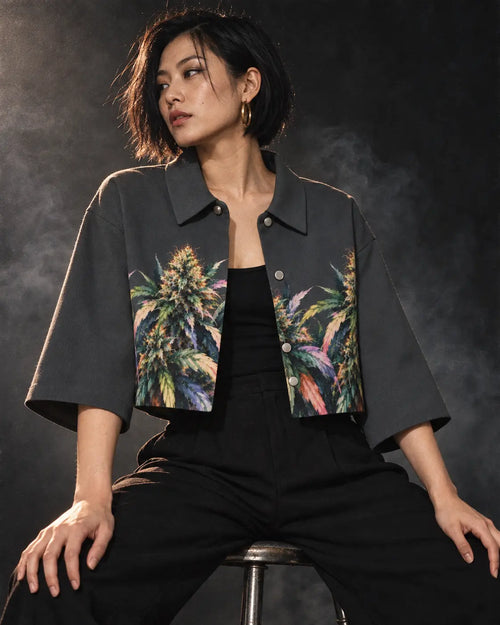 Jane Dope Permanent Marker cotton cropped jacket, open styling on a seated model