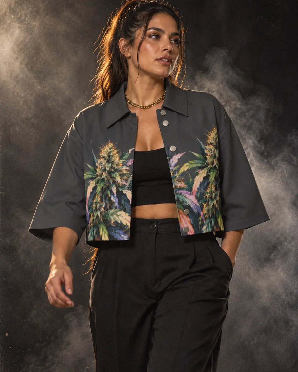 Jane Dope Permanent Marker cotton cropped jacket, worn open over a black tank