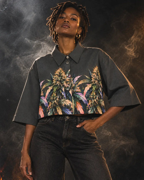 Jane Dope Permanent Marker cotton cropped jacket, front view buttoned on a model