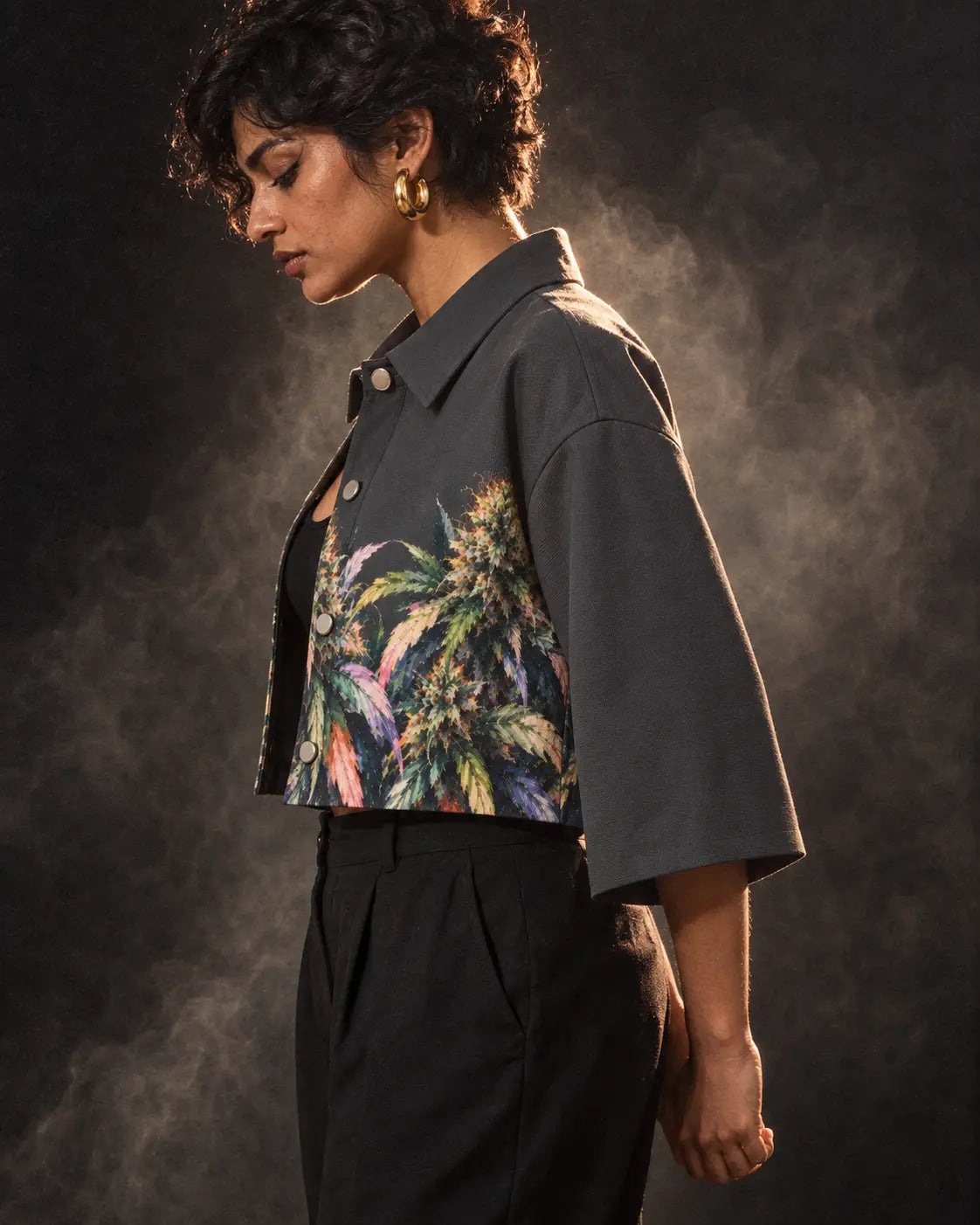 Jane Dope Permanent Marker cotton cropped jacket, side profile showing elbow-length sleeves