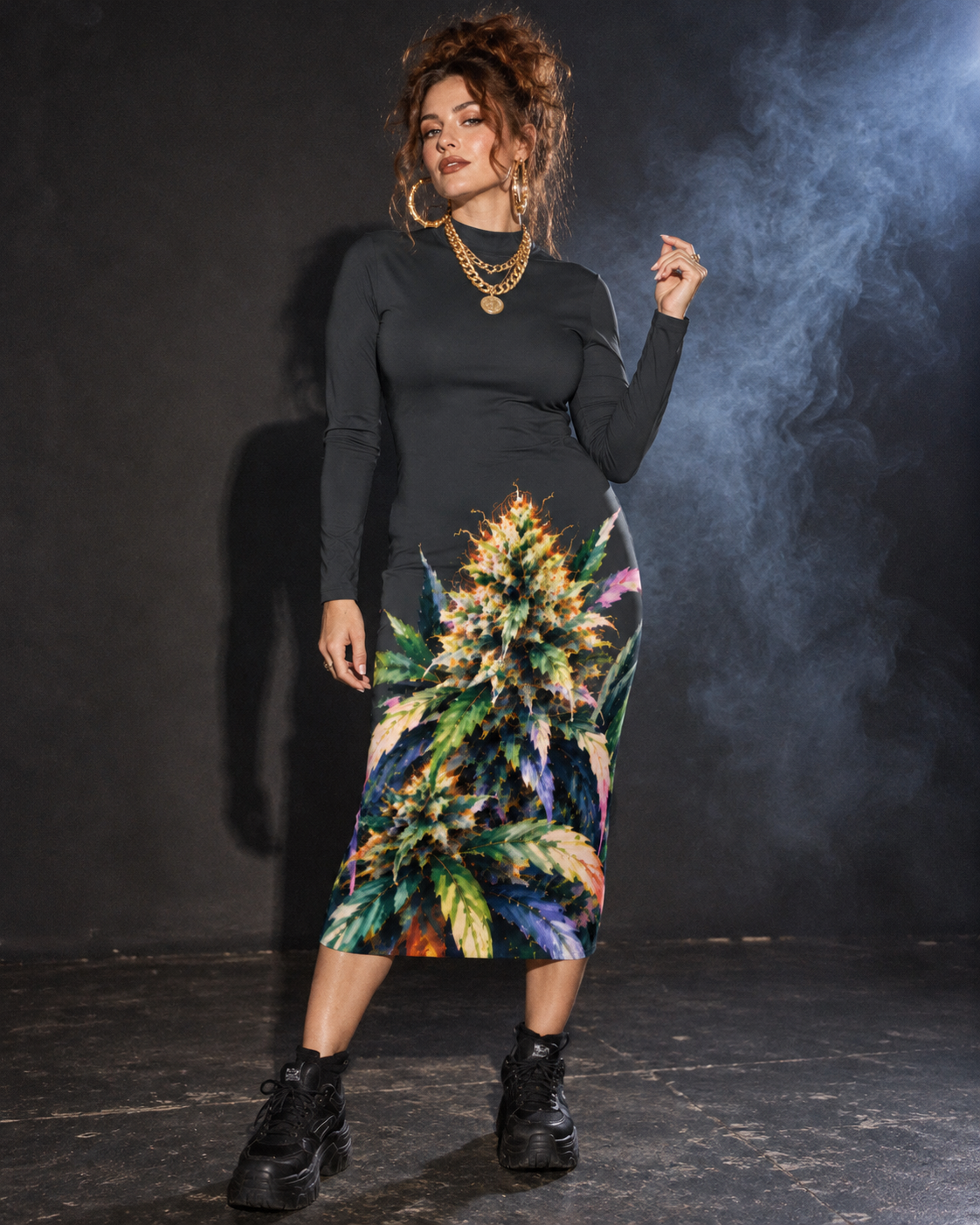 Permanent Marker Hip Dress worn with layered gold chains and black trainers, showing the fitted silhouette and straight midi hem.