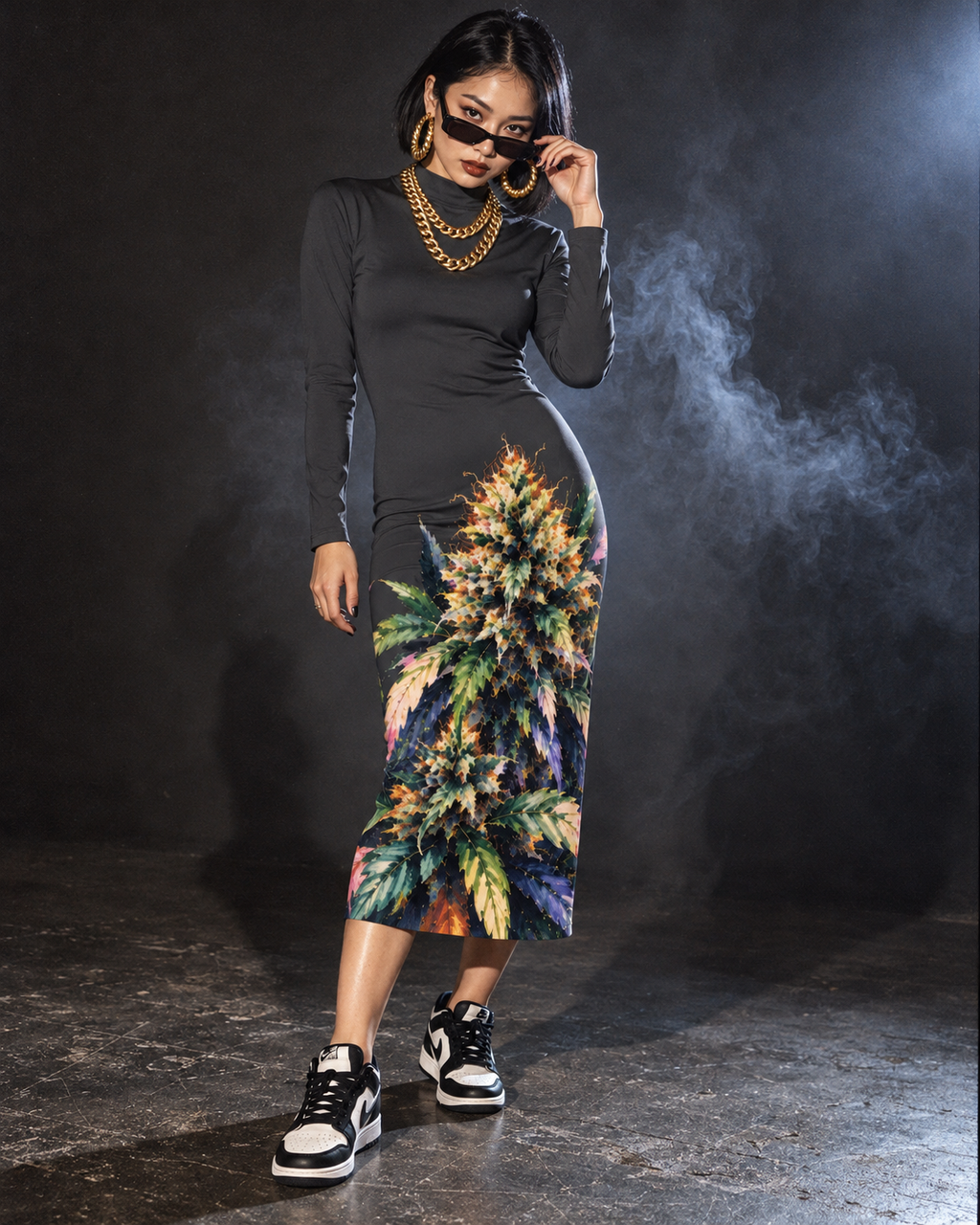 Permanent Marker Hip Dress in charcoal with a large multicolour botanical print, styled with gold chains and trainers in a smoky studio.