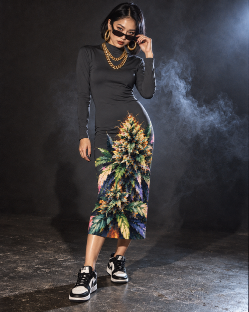 Permanent Marker Hip Dress in charcoal with a large multicolour botanical print, styled with gold chains and trainers in a smoky studio.