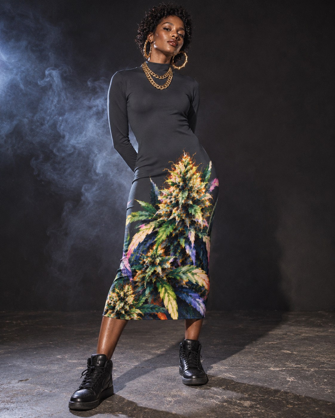 Full-length front view of Jane Dope's Permanent Marker Hip Dress, with long sleeves, a high neck and botanical artwork below the hips.