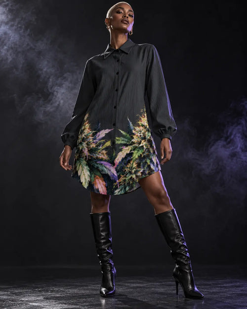 Permanent Marker shirt dress fully buttoned with tall black boots against a smoky gunmetal studio backdrop.