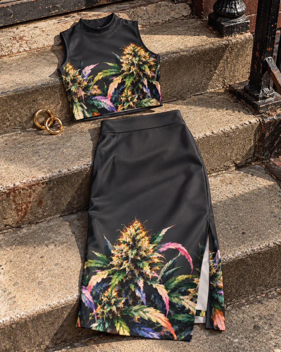 Permanent Marker tank and skirt fabric detail on concrete steps, showing botanical artwork, seams and hems.