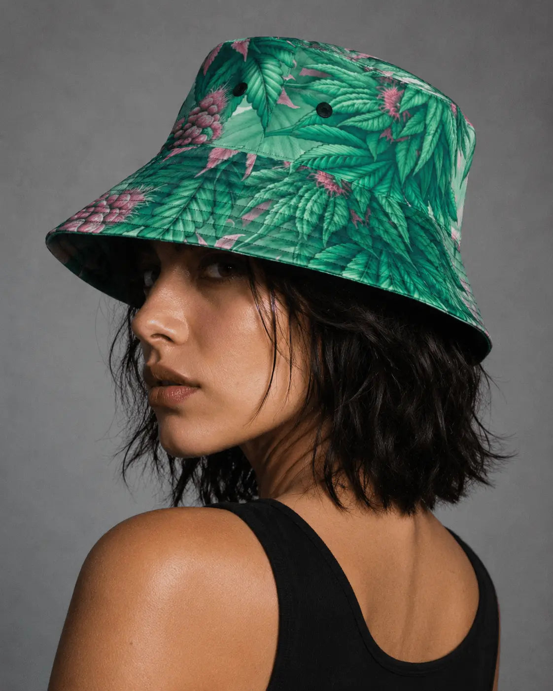 Jane Dope Pink Haze Bucket Hat, side portrait on a model showing crown and sloping brim