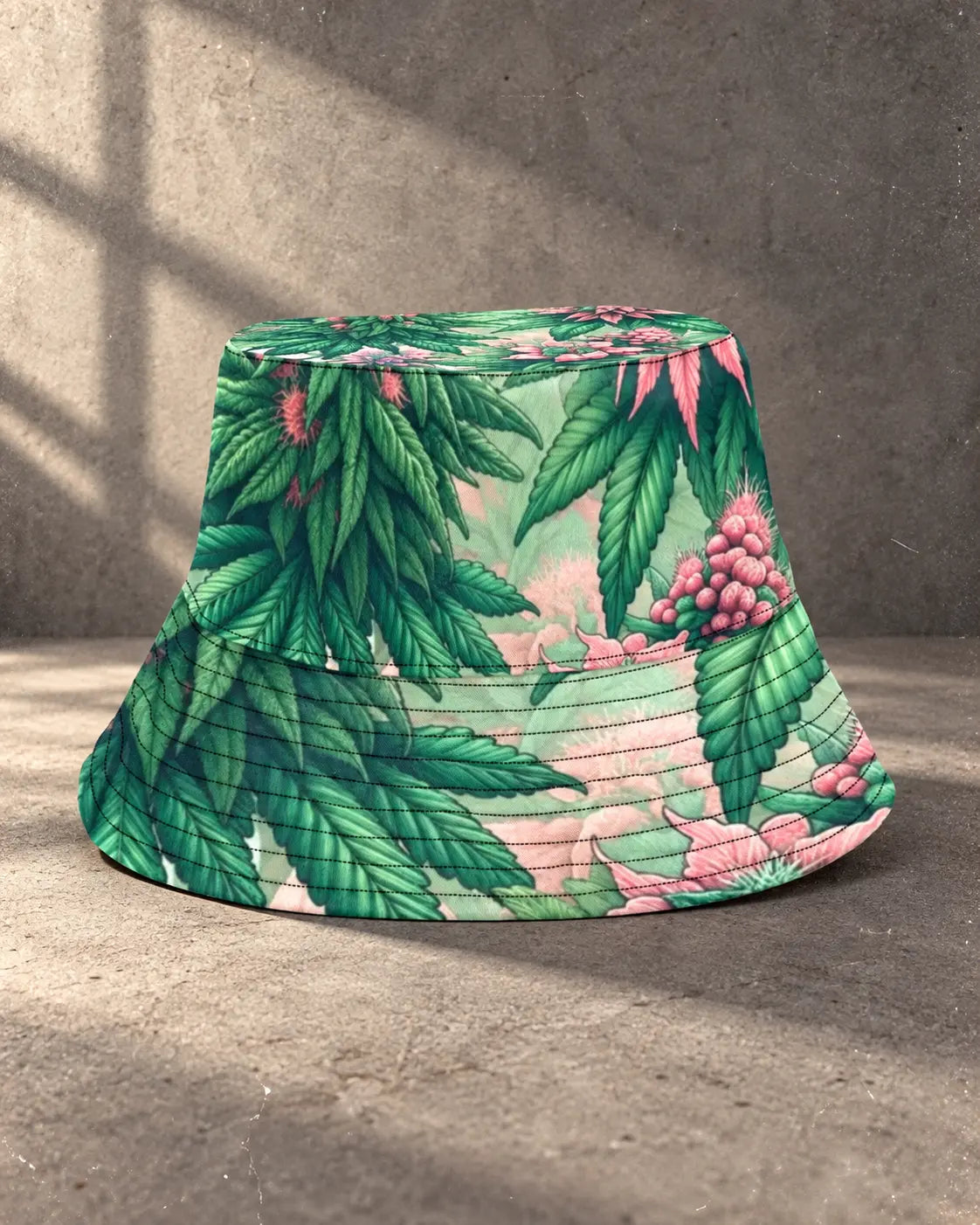 Jane Dope Pink Haze Bucket Hat, reverse product view showing green leaves, pink blooms and black brim stitching