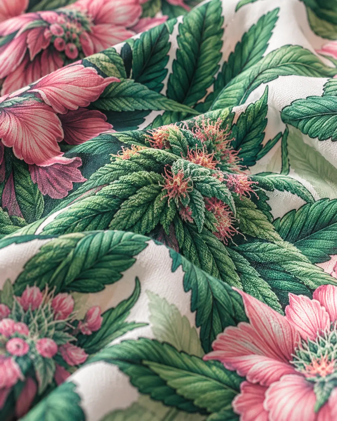 Jane Dope Pink Haze wide-leg lounge pants, close-up of pink floral and green botanical print.