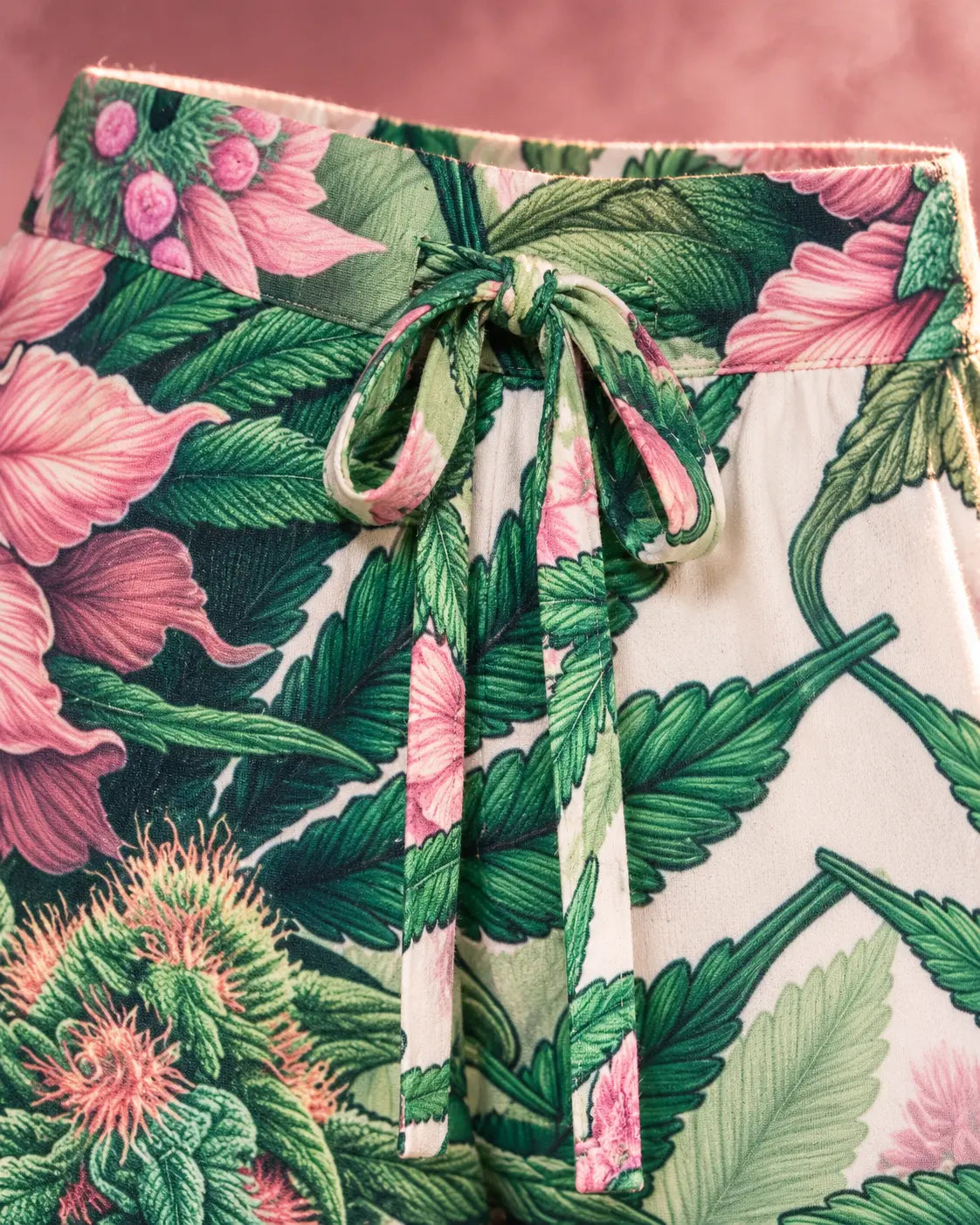 Jane Dope Pink Haze wide-leg lounge pants, close-up of matching drawstring and waistband.