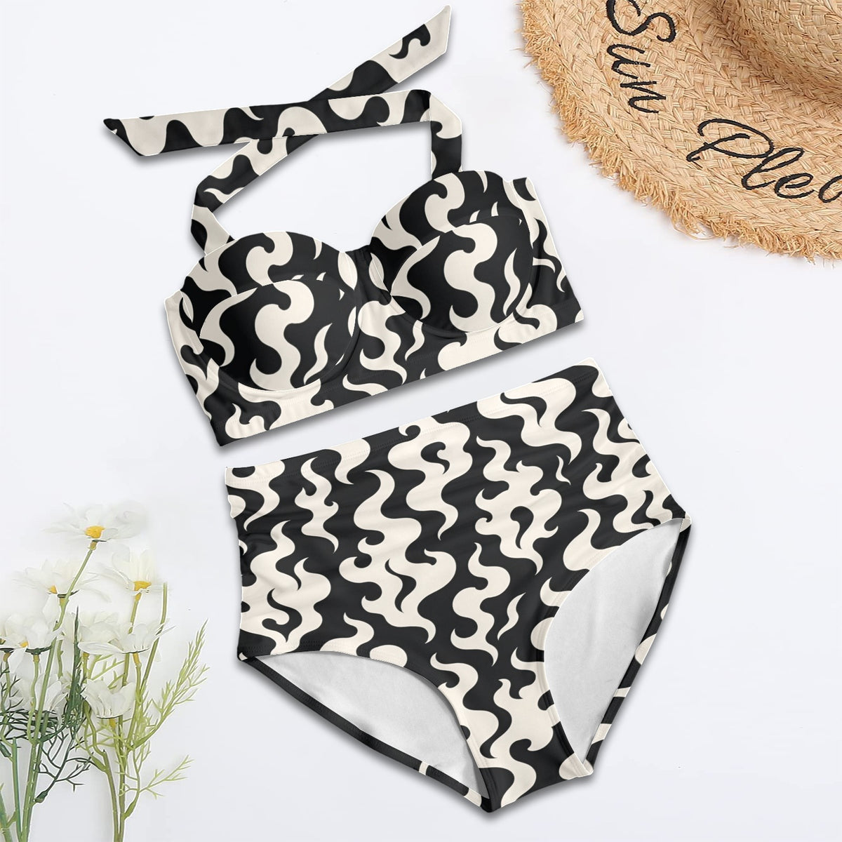 Puff Pin Up halter bikini top and high-waisted bottoms with black and cream wavy print, original front flat lay.