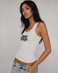 Jane Dope Stoner Diop graphic print women's racer vest crop top, front view on model
