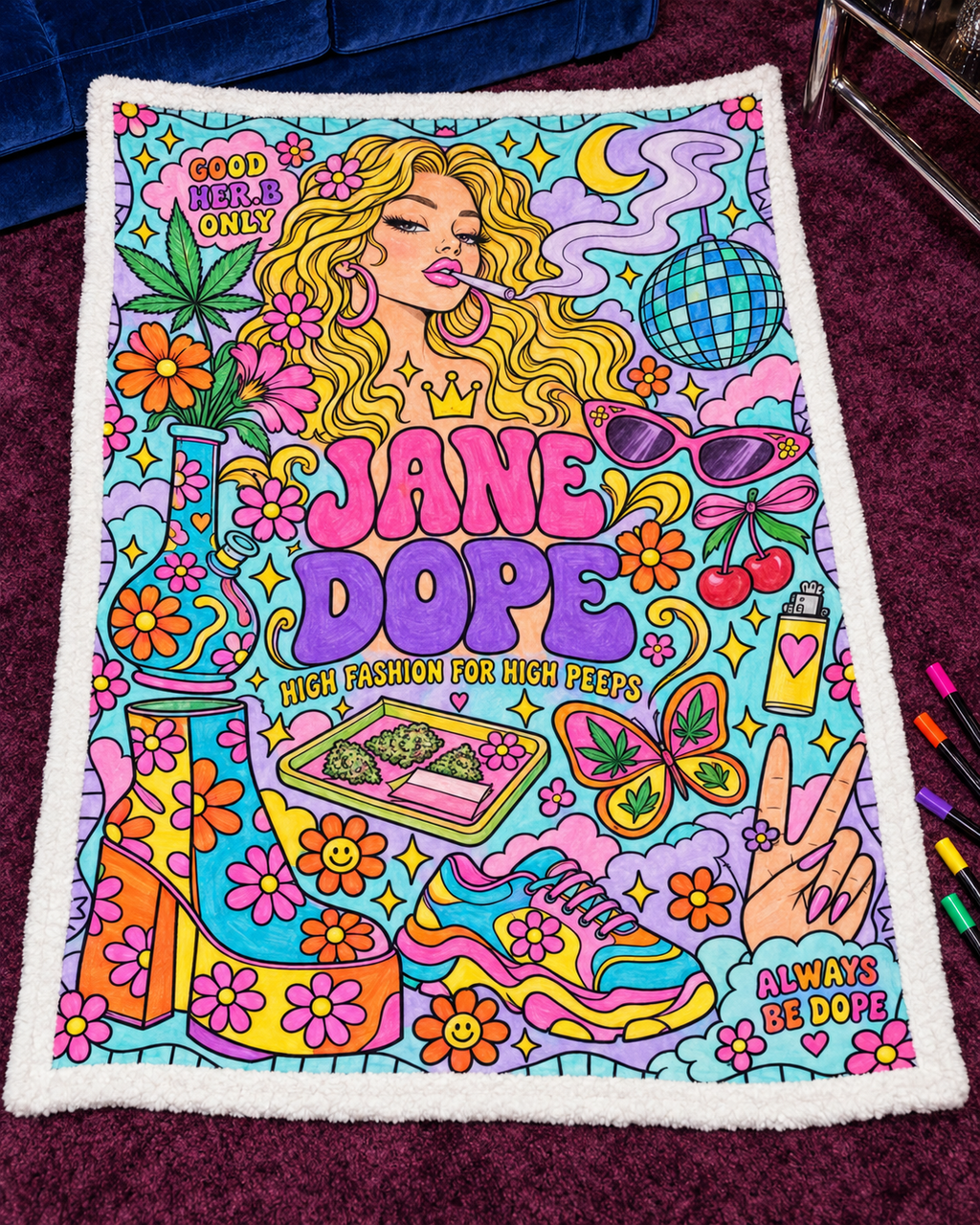 Retro Jane Dope blanket fully coloured inspiration example in pink, violet, yellow, turquoise and green; blanket arrives uncoloured