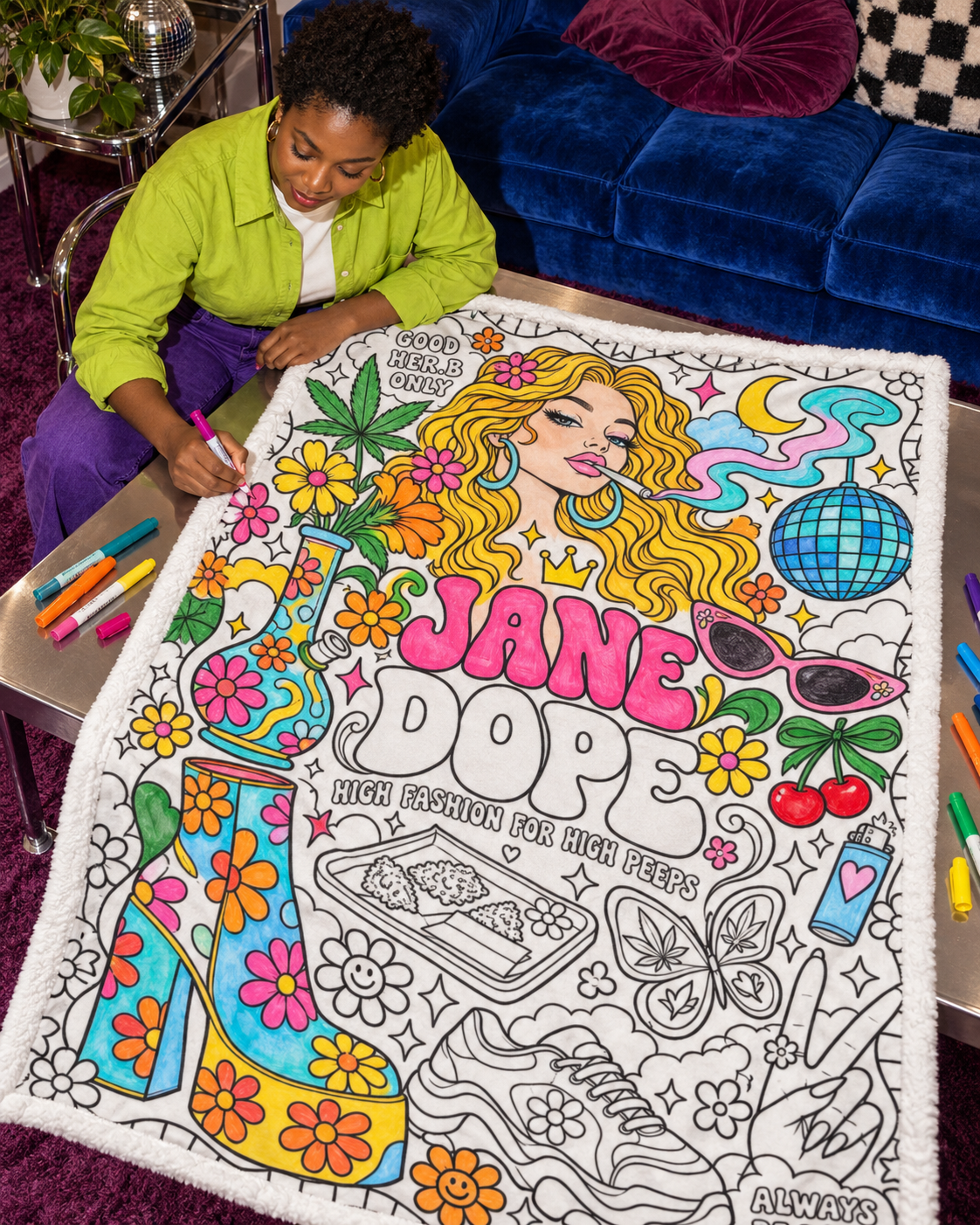 Retro Jane Dope blanket colouring inspiration: adult colouring a partly coloured blanket; product supplied uncoloured
