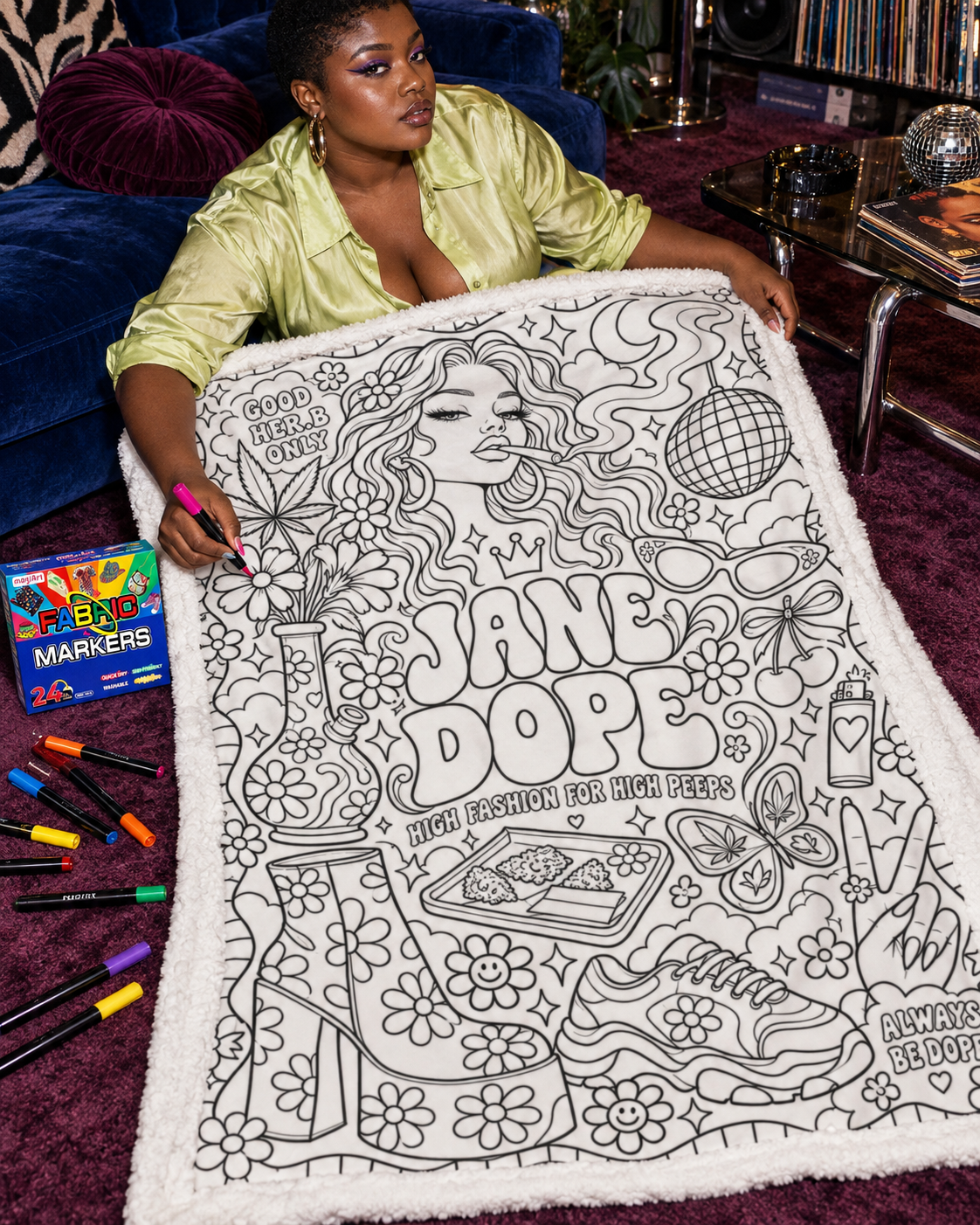 Retro Jane Dope Coloring Blanket close view of an adult colouring setup with the printed blanket spread across a lap