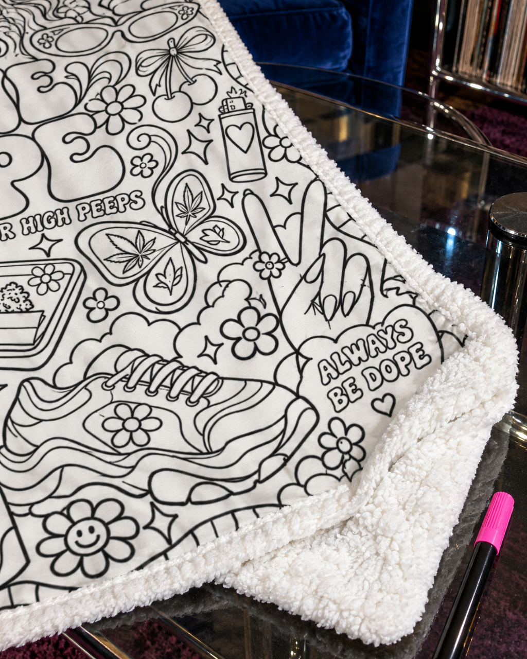 Retro Jane Dope Coloring Blanket close-up of the printed polyester face, stitched edge and plush white fleece backing