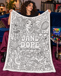 Retro Jane Dope Coloring Blanket adult model holding the uncoloured blanket open, showing the retro JANE DOPE artwork